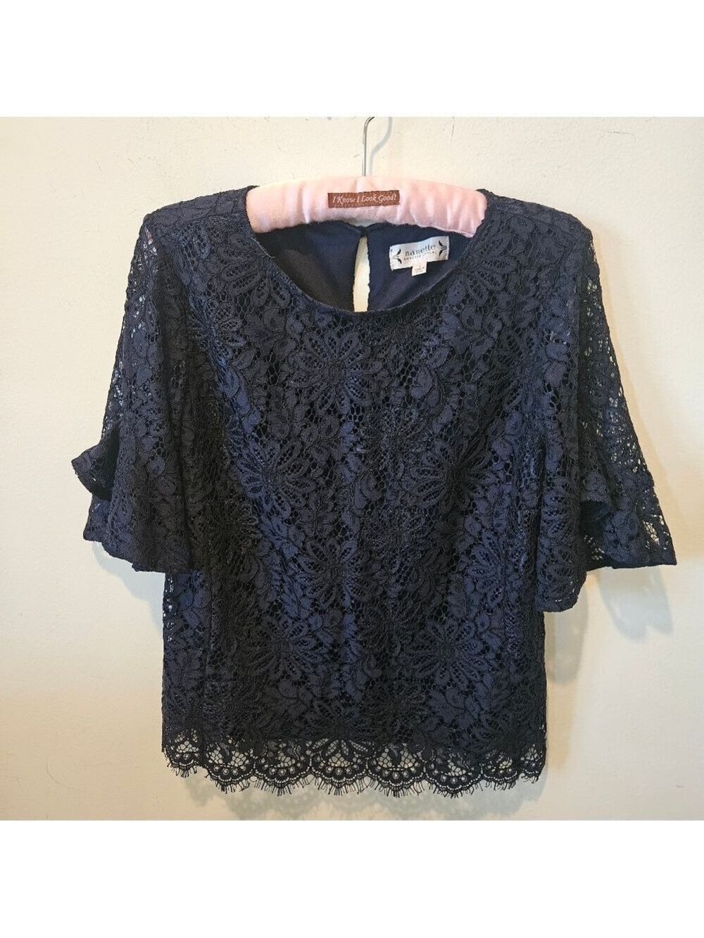 Nanette Lepore Women's Black Intricate Floral Lace Top Angel Short Sleeves, S